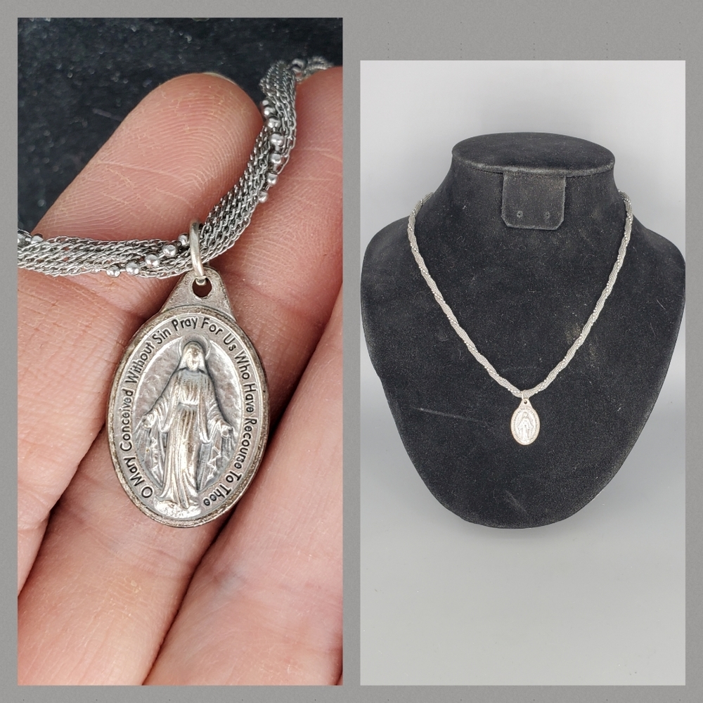 Silvertone Virgin Mary Medallion Thick Necklace